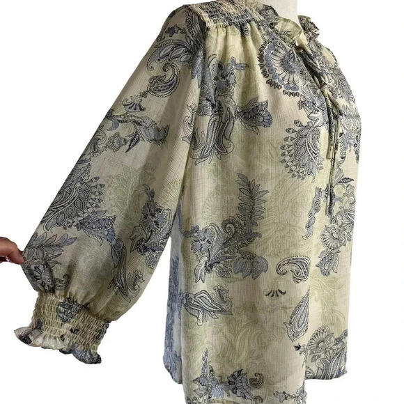 By The River Blouse Large Sheer Floral Seersucker Ruffle Keyhole Blue Womens Top - Picture 4 of 9